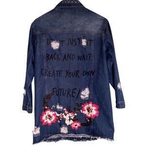 Velzera Dark Wash Distressed Denim Embroidered Jacket Size Large